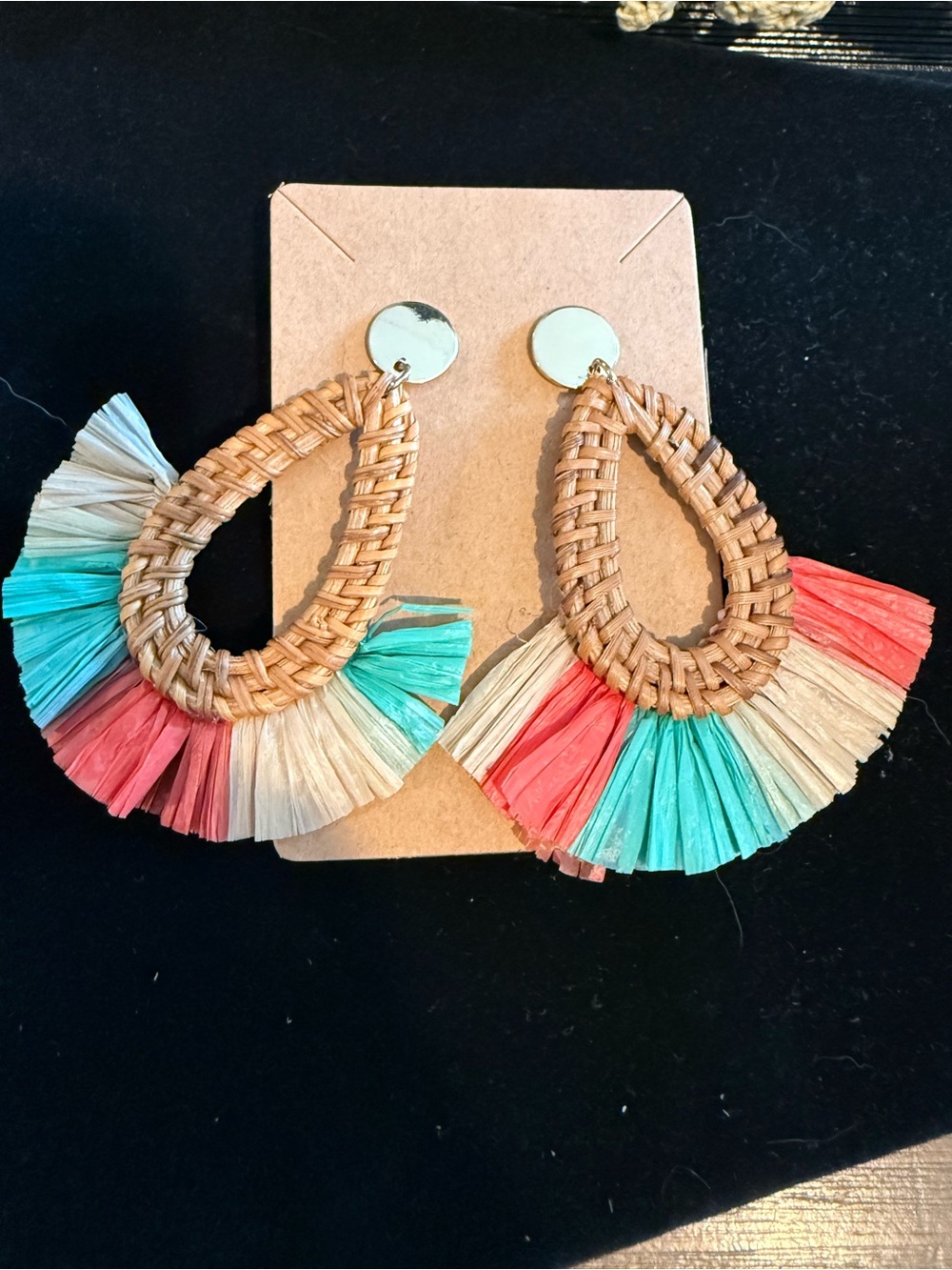 Raffia Teardrop Fringe Earrings in Coral, Teal & Natural